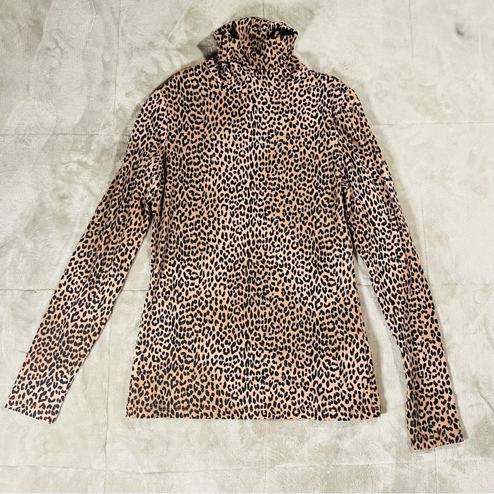 Leopard Print Turtleneck T-Shirt Casual Long Sleeve Top Animal Print Shaped Fit